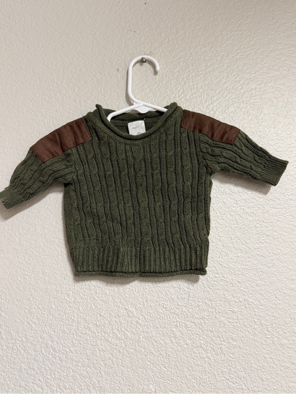 Starting Out Olive Green Cable Knit Sweater with Brown Elbow Patches - Kids